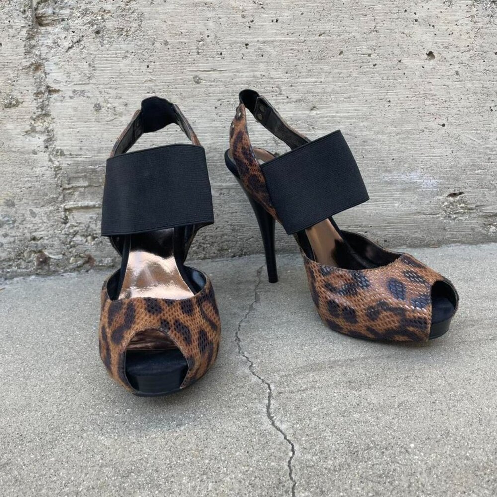Leopard print peep toe heels with black strap
